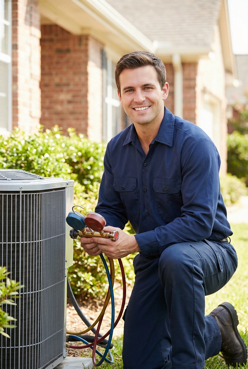 http://Olney%20Heating%20and%20Air%20Conditioning%20technician%20servicing%20a%20home%20air%20conditioner