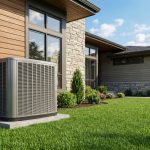 Residential air conditioning condenser unit beside a home