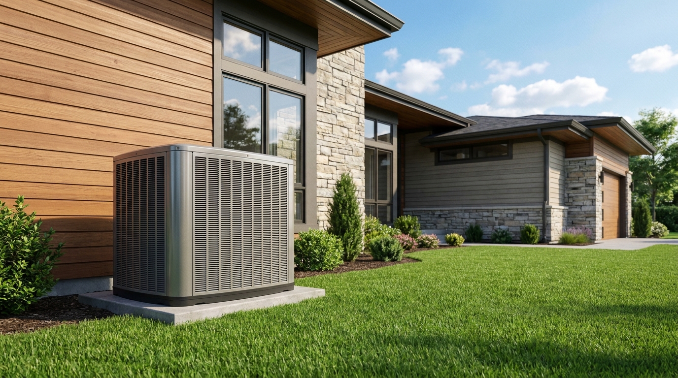 Residential air conditioning condenser unit beside a home
