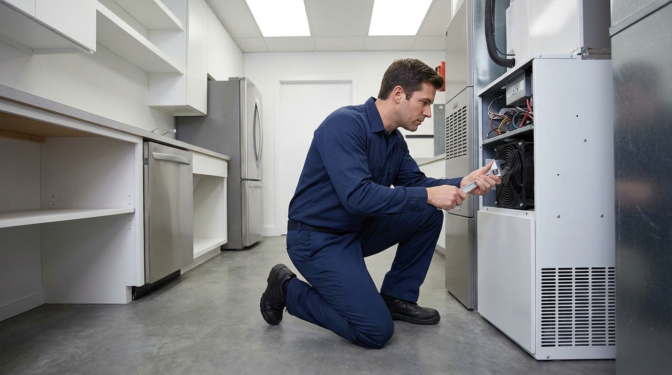 HVAC technician servicing a home heating and cooling system