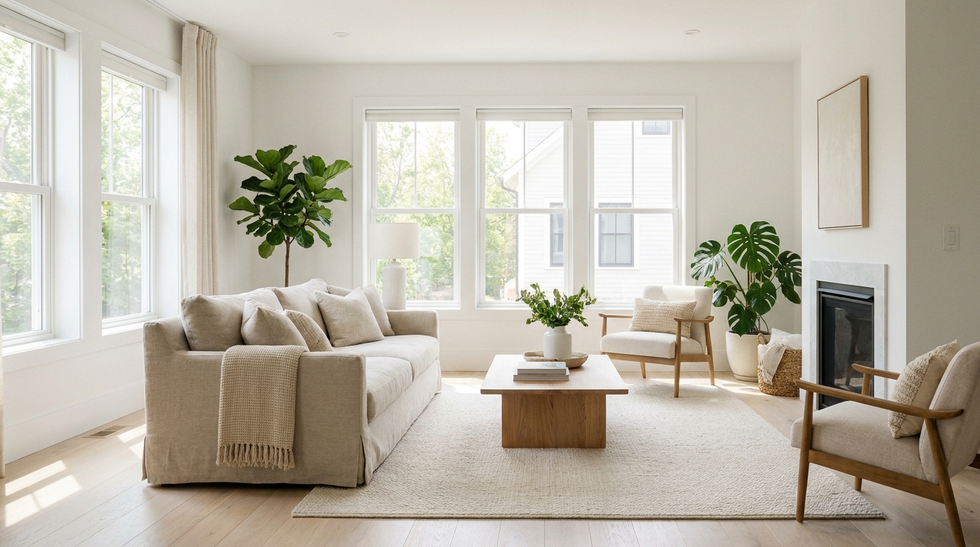 Bright comfortable living room kept cool in summer